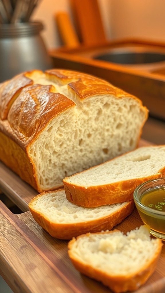Gluten-Free Bread Machine Recipe A golden brown gluten-free bread loaf sliced on a wooden board with olive oil and herbs.